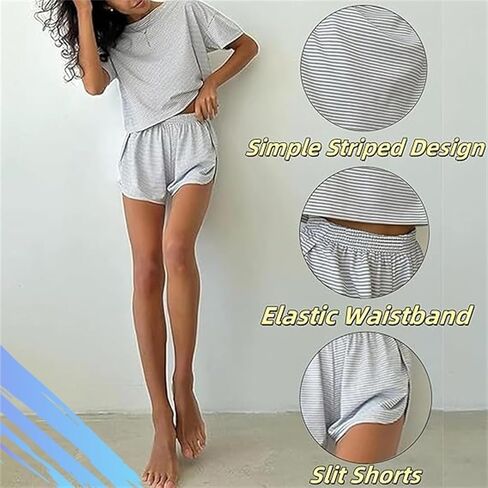 Womens Pajama Short Sleeve Lounge Sets 2 Piece Split Striped Pjs Tops and Shorts Outfits Matching Loungewear in Saudi Arabia