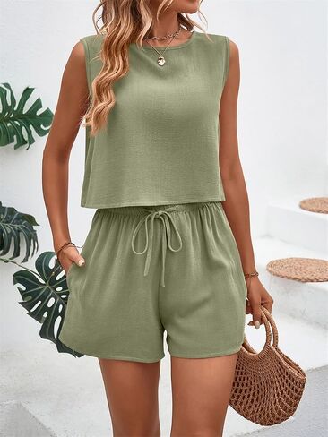 Two Piece Sets for Women Summer Outfits Lounge, Cotton Linen Shirt and Drawstring Shorts, Vacation Casual Matching Set in Saudi Arabia