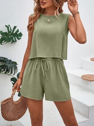 Two Piece Sets for Women Summer Outfits Lounge, Cotton Linen Shirt and Drawstring Shorts, Vacation Casual Matching Set in Saudi Arabia