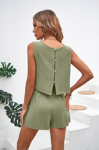 Two Piece Sets for Women Summer Outfits Lounge, Cotton Linen Shirt and Drawstring Shorts, Vacation Casual Matching Set in Saudi Arabia