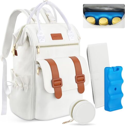 PIIOSER Diaper Bag Backpack with Ice Pack, Large Capacity & Waterproof Convertible Diaper Bag Tote for Moms Dads, Insulated Baby Tote Bag with Changing Pad, Stroller Straps & Pacifier Case, Cream in Kuwait