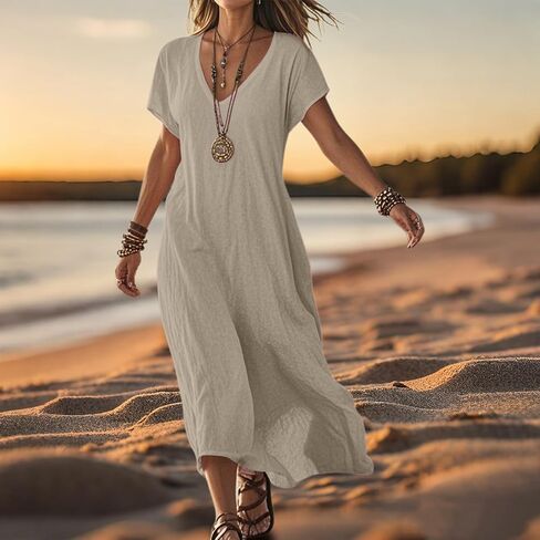 Frontaley و Linen v-neck Midi Dress Dress Dress Summer Dress Flowy Bohemian Style Frontaley Dresses Summer Summer in Saudi Arabia
