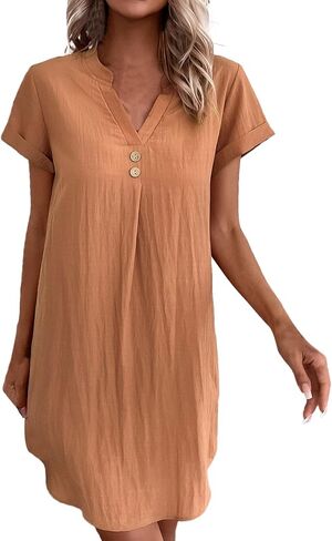Women Fashion Solid Casual V Neck Versatile Loose Short Sleeve Long Dress Season Dress in Saudi Arabia