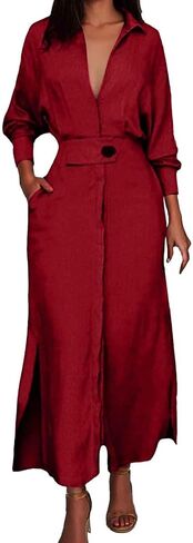 Button Down Shirt Dress Linen Solid Casual V-Neck Long Sleeve Maxi Dresses with Pockets Solid Midi Dress in Saudi Arabia