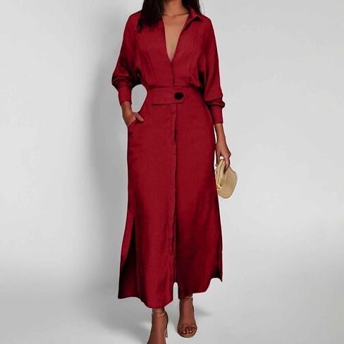 Button Down Shirt Dress Linen Solid Casual V-Neck Long Sleeve Maxi Dresses with Pockets Solid Midi Dress in Saudi Arabia