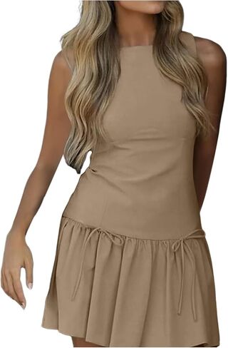Womens Sleeveless Pleated Dress Girdling A Line Solid Color Pullover Round Neck Bow Zipper Dress with Shorts in Saudi Arabia
