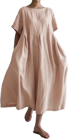 Women Fashion Solid Loose Dress Pullover Round Neck Over The Knee Long Skirt Plus Size Slip Dress in Saudi Arabia