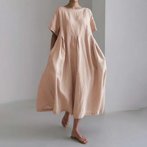 Women Fashion Solid Loose Dress Pullover Round Neck Over The Knee Long Skirt Plus Size Slip Dress in Saudi Arabia