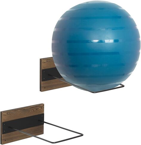 MyGift Wall Mounted Exercise Stability Ball Holder, Rustic Burnt Solid Wood and Black Metal Wire Display Rack for Yoga Balls in Home Gym or Studio, Set of 2 in Kuwait