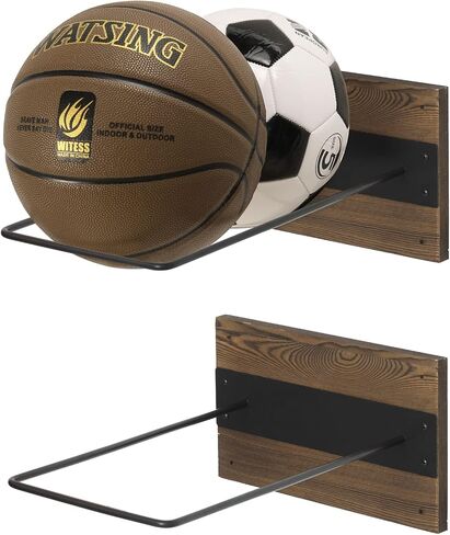 MyGift Wall Mounted Exercise Stability Ball Holder, Rustic Burnt Solid Wood and Black Metal Wire Display Rack for Yoga Balls in Home Gym or Studio, Set of 2 in Kuwait