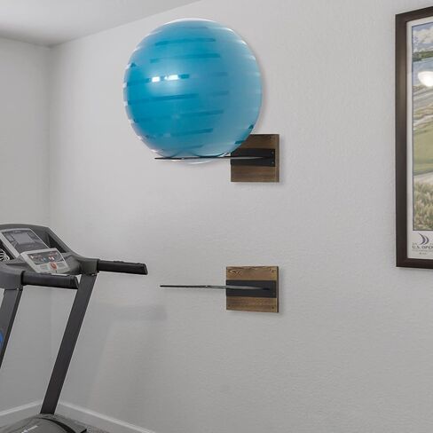 MyGift Wall Mounted Exercise Stability Ball Holder, Rustic Burnt Solid Wood and Black Metal Wire Display Rack for Yoga Balls in Home Gym or Studio, Set of 2 in Kuwait