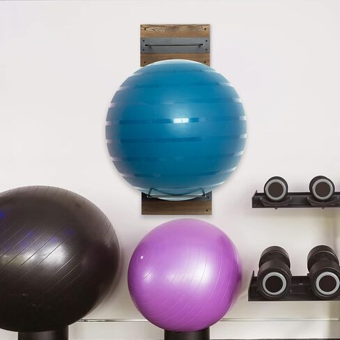 MyGift Wall Mounted Exercise Stability Ball Holder, Rustic Burnt Solid Wood and Black Metal Wire Display Rack for Yoga Balls in Home Gym or Studio, Set of 2 in Kuwait