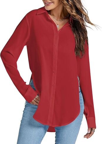 Rooscier Women's Sexy Sheer Collar V Neck Side Slit Long Sleeve Button Shirt Blouse Top in Saudi Arabia