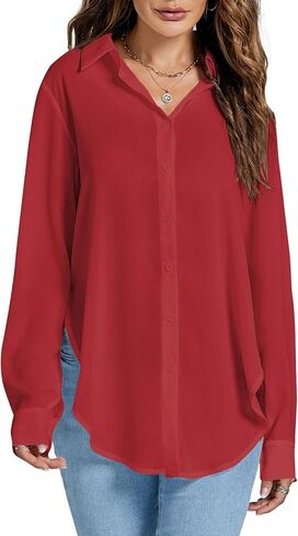Rooscier Women's Sexy Sheer Collar V Neck Side Slit Long Sleeve Button Shirt Blouse Top in Saudi Arabia