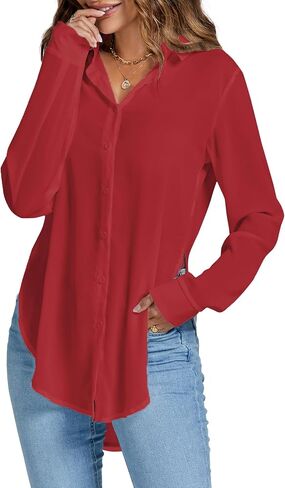 Rooscier Women's Sexy Sheer Collar V Neck Side Slit Long Sleeve Button Shirt Blouse Top in Saudi Arabia