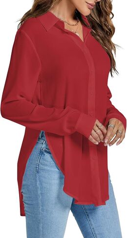 Rooscier Women's Sexy Sheer Collar V Neck Side Slit Long Sleeve Button Shirt Blouse Top in Saudi Arabia