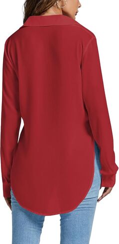 Rooscier Women's Sexy Sheer Collar V Neck Side Slit Long Sleeve Button Shirt Blouse Top in Saudi Arabia