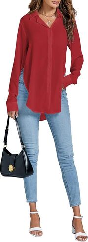 Rooscier Women's Sexy Sheer Collar V Neck Side Slit Long Sleeve Button Shirt Blouse Top in Saudi Arabia