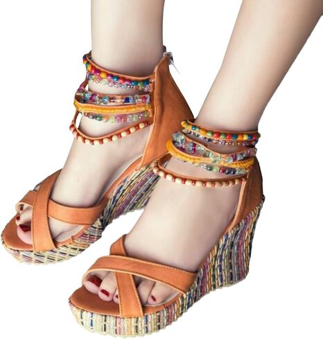 ZBYY Wedge Sandals for Women Casual Summer Pearls High Heels Espadrilles Platform Sandals Open Toe Bohemian Shoes in Saudi Arabia