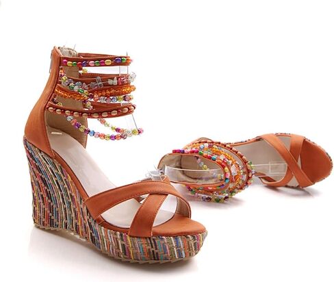 ZBYY Wedge Sandals for Women Casual Summer Pearls High Heels Espadrilles Platform Sandals Open Toe Bohemian Shoes in Saudi Arabia