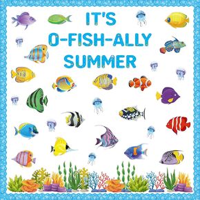 151Pcs Summer Fish Ocean Bulletin Board Cutouts Border Set Fish All Summer Classroom Decoration Ocean Sea Fish Coral Seaweed Jellyfish Cutouts for School Teacher Student Chalkboard Wall Decor