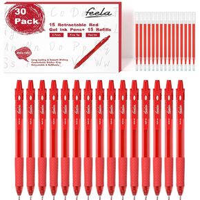 feela 30 Pack Retractable Red Ink Gel Pens Set Medium Point 15 Piece Fine Point Gel Pen with 15 Refills for Smooth Writing