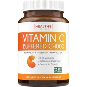 أقراص فيتامين C 1000 ملغ مخزنة (غير معدلة وراثيًا) مكمل لدعم المناعة مع فيتامين C والحمضيات الحيوية وأسكوربات الكالسيوم وثمر الورد - معزز الجهاز المناعي - 100 قرص (بدون حبوب أو علكات) in Kuwait