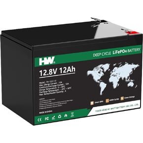HW 12V 12Ah Lithium LiFePO4 Battery,153.6Wh Rechargeable Lithium Battery Built-in BMS,6000+ Deep Cycles 90% Capacity Low Self-Discharge Rate for Lighting, Power Wheels, Fish Finder
