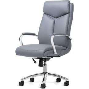 OfficeFactor Bonded Leather Executive Rolling Swivel Office Chair with Chrome Metal Components, Comfortable Padded Armrests & Adjustable Gaslift (GRAY)