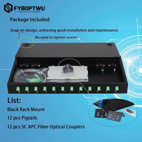 FYBOPTWU-12 Singlemode 12 Port SC-APC صندوق حاوية مثبت على حامل وصواني لصق كابلات الألياف مجموعة التخزين المؤقت (تشمل الضفيرة والمقرنات)، صندوق لوحة التصحيح المحملة LGX 12 الأساسية يناسب خزانة رفوف مقاس 19 بوصة in Kuwait