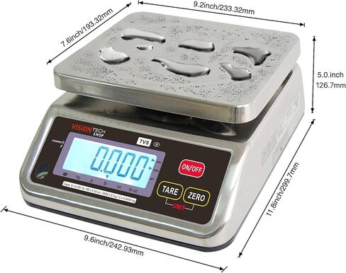 TVS Portion Control Stainless Steel Washdown Scale, Lb/Oz/Kg/g Switchable, Low Profile Design, 12lb Capacity, 0.002lb Readability, Dual Display, NTEP Legal for Trade COC #19-058 in Saudi Arabia