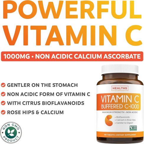 أقراص فيتامين C 1000 ملغ مخزنة (غير معدلة وراثيًا) مكمل لدعم المناعة مع فيتامين C والحمضيات الحيوية وأسكوربات الكالسيوم وثمر الورد - معزز الجهاز المناعي - 100 قرص (بدون حبوب أو علكات) in Kuwait