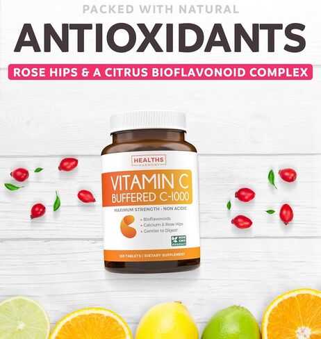 أقراص فيتامين C 1000 ملغ مخزنة (غير معدلة وراثيًا) مكمل لدعم المناعة مع فيتامين C والحمضيات الحيوية وأسكوربات الكالسيوم وثمر الورد - معزز الجهاز المناعي - 100 قرص (بدون حبوب أو علكات) in Kuwait