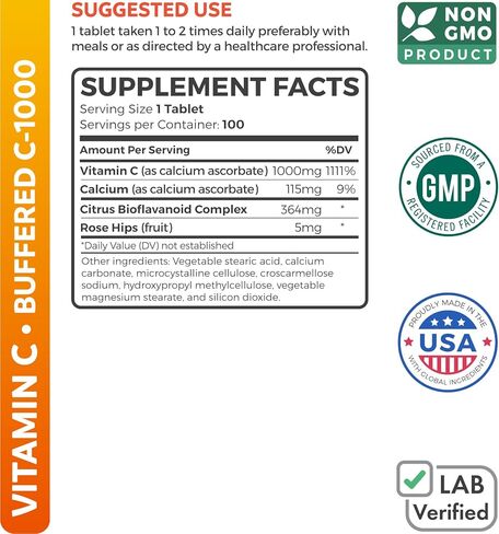 أقراص فيتامين C 1000 ملغ مخزنة (غير معدلة وراثيًا) مكمل لدعم المناعة مع فيتامين C والحمضيات الحيوية وأسكوربات الكالسيوم وثمر الورد - معزز الجهاز المناعي - 100 قرص (بدون حبوب أو علكات) in Kuwait