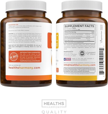 أقراص فيتامين C 1000 ملغ مخزنة (غير معدلة وراثيًا) مكمل لدعم المناعة مع فيتامين C والحمضيات الحيوية وأسكوربات الكالسيوم وثمر الورد - معزز الجهاز المناعي - 100 قرص (بدون حبوب أو علكات) in Kuwait