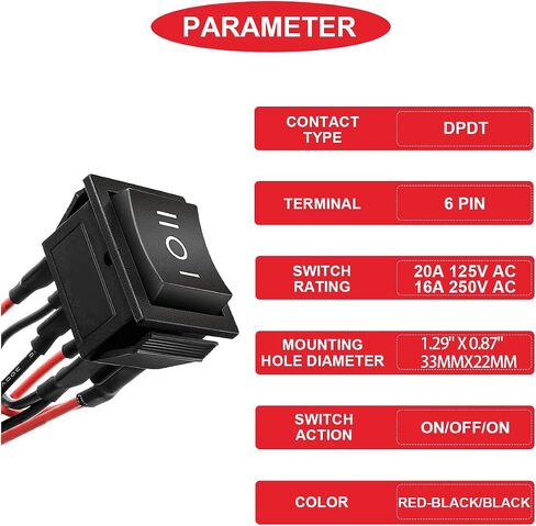 8Pcs DPDT 6 Pins 3 Position ON/Off/ON Rocker Toggle Switch AC 20A/125V 16A/250V for Car and Boat with Pre-soldered Wires (Red/Black) in Saudi Arabia