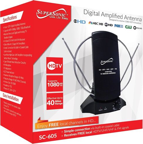هوائي داخلي مضخم رقمي Supersonic SC-605 HDTV، يدعم بث 1080p/1080i/720p، ويستقبل إشارات تلفزيونية رقمية وتناظرية محلية مجانية، وتقليل الضوضاء، واستقبال FM، يصل مداه إلى 40 ميلًا in Kuwait