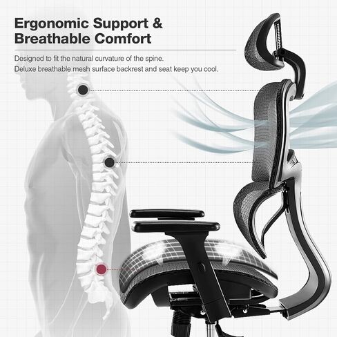 Ergonomic High Back Office Chair - High Office Chair with Headrest, Lumbar Support, Movable Armrests, Swivel Mesh Office Chair with 300 lbs Weight Capacity Adjustable Height for Home Office, Executive in Kuwait