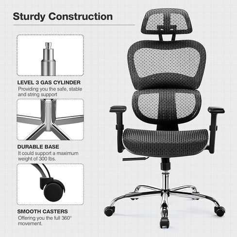 Ergonomic High Back Office Chair - High Office Chair with Headrest, Lumbar Support, Movable Armrests, Swivel Mesh Office Chair with 300 lbs Weight Capacity Adjustable Height for Home Office, Executive in Kuwait