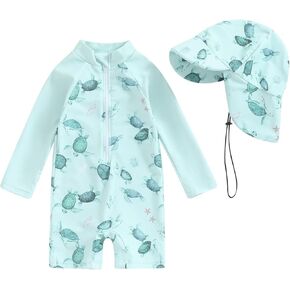 Kids Girls Long Sleeve Beach Swimwear with Hat Rashguard Half Zipper Animal Print Soft Cover up Swimsuit Toddler Shirts