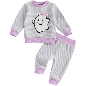 Toddler Baby Boy Halloween Outfit Pumpkin Ghost Embroidery Striped Sweatshirt Long Pants Set Fall Winter Clothes