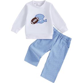 Adobabirl Toddler Baby Boy Girl Football Outfit Rugby Embroidery Sweatshirt and Plaid Pants Set Boutique Fall Clothes