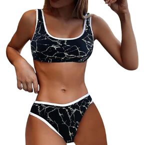 ZYXTIM Womens Sports High Waisted Swimsuits Two Piece Printed Scoop Neck Crop Tops High Cut Workout Bikini Sets Swimwear