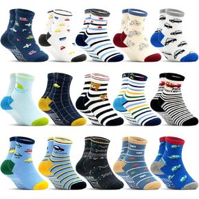 Toddler Grip Socks 15 Pairs, Kids Boys Girls Non Slip Socks with Grips 1-7 Years, Cartoon Grippy Anti Slip Crew Sock
