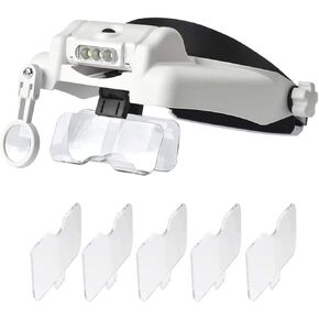 Headband Magnifying Glass Multifunctional Head-Mounted LED Magnifier with 5 Replaceable Lenses Watchmaker Repair Tool Full Moon