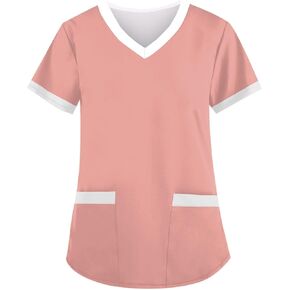 Scrub Shirts for Women Nurse Fashion Solid Color Loose Fitting Scrubs Casual V Neck Short Sleeve Workwear Uniforms