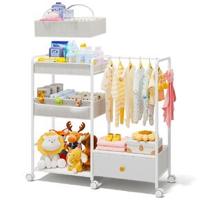 BBLIKE 3in1 Diaper Caddy Organizer - Diaper Caddy & Rolling Diaper Cart with Kids Clothing Rack for Nursery and Baby Essentials, Multi-Function Utility Cart for Bedroom and Bathroom, White