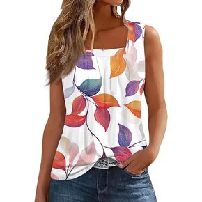 Tank Top for Women Sleeveless Square Neck Tunic Tops Printed Pleated 2025 T Shirts Loose Fit Fashion Basic Tee