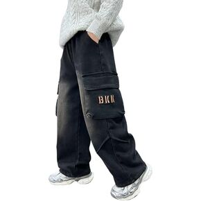 Boys Jeans Y2K Baggy Wide Leg Denim Pants Kids Elastic Waist Pull On Casual Pants Cargo Trousers with Pockets Streetwear