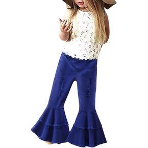 Toddler Girls Flare Denim Pants Solid Color Ripped Tassels Ruffle Wide Leg Cute Baggy Jeans Loose Light Soft Trousers